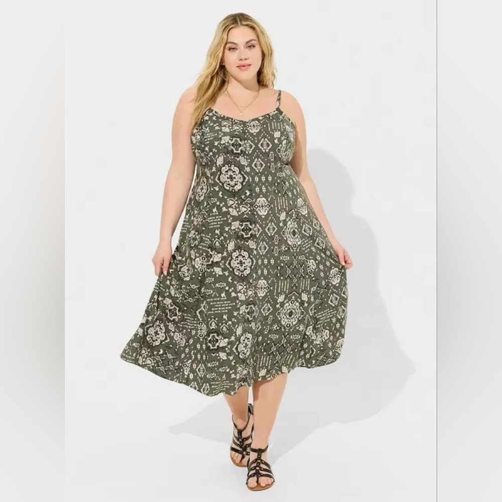 Torrid Boho Green Midi Challis Sleeveless Trapeze Dress Women's Plus Size 2X Nwt